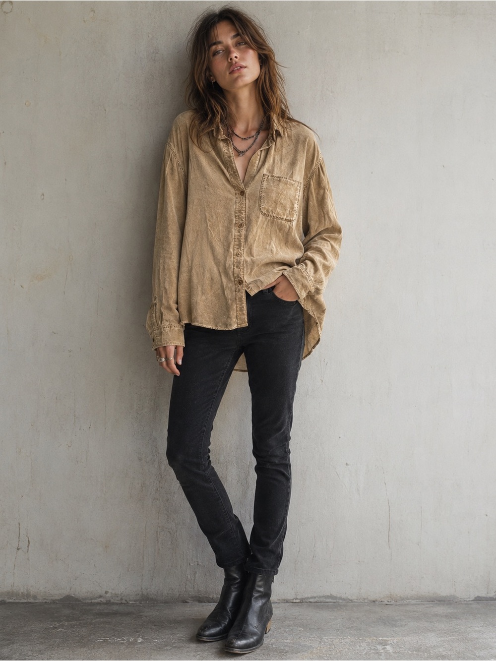 Velvet Heart Tan Washed Button Down Blouse XL Grunge Indie Boho Shirt